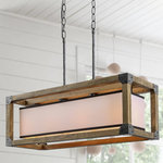 LALUZ - 4-Light Rectangle Wood Chandelier - Crafted from metal and wood this piece sports a boxy silhouette with tubular detailing, lending some rustic farmhouse character to your arrangement. A clear fabric shade diffuses light from any four candelabra-base bulbs up to 60W (not included), ideal for brightening up your space in unique style. It is a perfect light to fuse function with fashion as a source of light and also the focal point in any room.