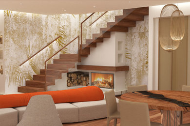 Modelo de sala de estar actual con paredes blancas, suelo de madera clara, chimenea de esquina y papel pintado