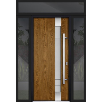 Exterior Prehung Steel Door Deux 1713 Natural Oak 2 Side & Top Black Window