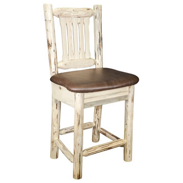 Montana Bar Stool With Back, Saddle Upholstery, Clear Lacquer Finish