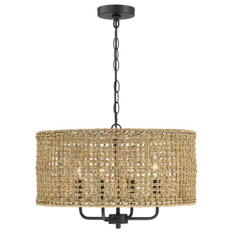 20" 4-Light Bohemian Coastal Drum Chandelier With Seegrass Hand Woven Shade