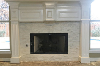 Small elegant living room photo in Dallas with a standard fireplace and a tile fireplace