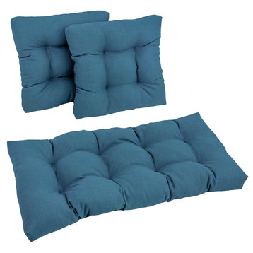 Squared Solid Spun Polyester Tufted Settee Cushions, Set of 3, Sea Blue