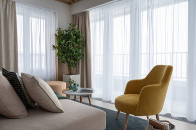 Свежая идея для дизайна: гостиная комната в современном стиле с полом из керамогранита и зоной отдыха - отличное фото интерьера