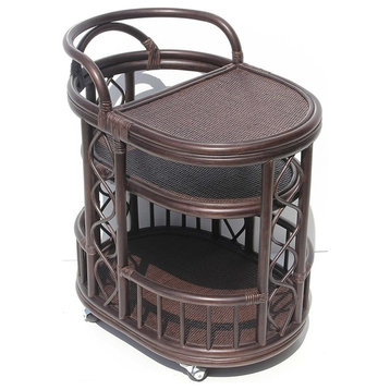 Trolly Serving Cart Bar Table Natural Rattan Wicker With Wheels, Dark Brown