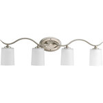 Progress - Progress P2021-09 Inspire - Four Light Bath Bar - Harkening back to a simpler time, the Inspire Collection freshens traditional forms with flowing lines. Brushed Nickel oval metal arms gracefully breeze over and support etched glass shades. Uniquely designed four-light fixture can create different looks as its versatility allows it to be mounted up or down.   Brushed Nickel finish Flowing metal arms White etched glass shades Versatile design- fixture can be mounted up or down Mounting Direction: Up/DownShade Included: TRUE Warranty: 1 Year Warranty* Number of Bulbs: 4*Wattage: 100W* BulbType: Medium Base* Bulb Included: No