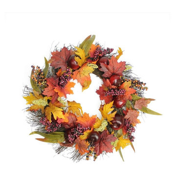 22" Autumn Harvest Apple, Berry and Leaf Artificial Thanksgiving Floral Wreath