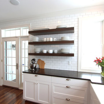 Knotty Alder Floating Shelves with Full Wall of Subway Tile Behind