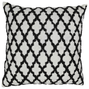 20" Moroccan Patterned Beaded Cotton Throw Pillows, Black Beads/Ivory Fabric, Bl