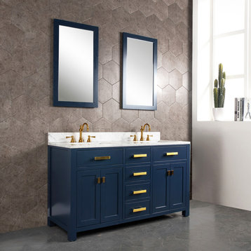 Madison 60" Carrara White Marble Vanity, Monarch Blue With Faucet