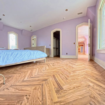 Custom Luxury Bedroom with Artistic Design and Herringbone Flooring