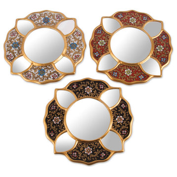 NOVICA Floral Trio And Reverse Painted Glass Mirrors  (Set Of 3)