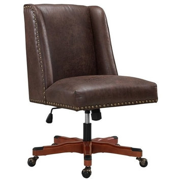 Linon Draper Wood Faux Leather Upholstered Office Chair with Wheels in Brown