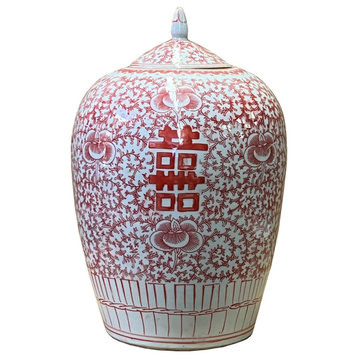 Chinese Coral Pink White Floral Double Happiness Graphic Point Lid Jar Hws2600