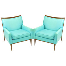Modern Armchairs And Accent Chairs Pair Paul McCobb Turquoise & Walnut Club Chairs