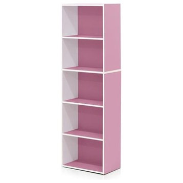 Furinno 11055 5-Tier Reversible Color Open Shelf Bookcase, White/Pink