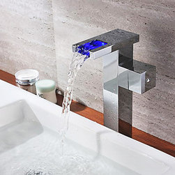 Chrome Finish Single Handle Color Changing LED Waterfall Bathroom Sink Faucet Ta - Bathroom Sink Faucets