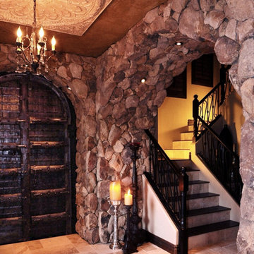 Santa Barbara transitional home main entry foyer interior into Wine room