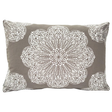 Mancini Medallion Embroidered 16x24 Throw Pillow, Dark Taupe and Silver