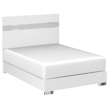 Modern Platform Bed, Metal Legs With Panel Sparkling Headboard, White, Queen