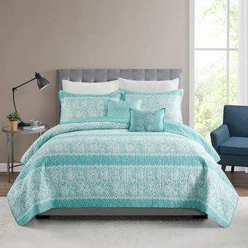 Emma Quilt 5 Piece Sets, Teal, Over-Sized King 122" X 106"