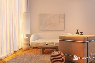 Kleines, Repräsentatives, Fernseherloses, Offenes Modernes Wohnzimmer ohne Kamin mit beiger Wandfarbe, hellem Holzboden und braunem Boden in Berlin