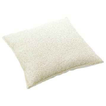 Faux Silk Hand-Beaded Decorative Pillow Cover, Ivory, 14"
