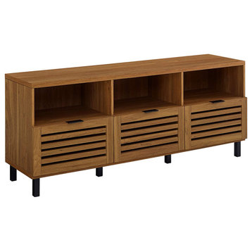 Modern TV Stand, 3 Bottom Slatted Door and 3 Open Compartments, English Oak