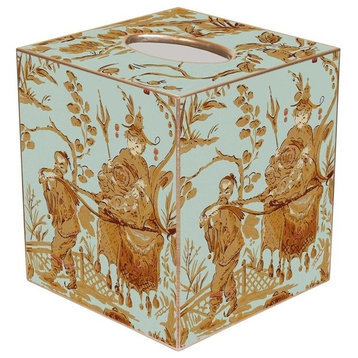 Aqua Asian Toile Wood Wastepaper Basket, With Tissue Box Cover