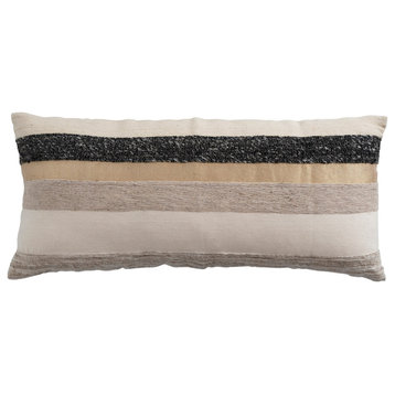 Woven Wool Blend Lumbar Pillow With Gold Metallic Thread and Stripes