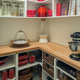 Mid-sized traditional kitchen pantry ideas - Example of a mid-sized classic l-shaped dark wood floor kitchen pantry design in Toronto with white cabinets, wood countertops and open cabinets