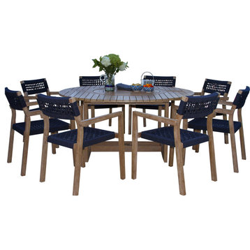 8 Person Antique Wash Lazy Susan Table With Blue Rope Chairs