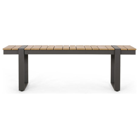 Mora Outdoor Faux Wood and Aluminum Dining Bench, Natural/Gray, Single