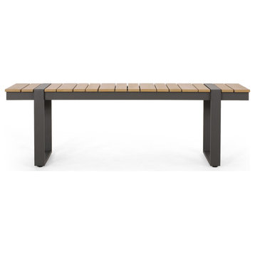 Mora Outdoor Faux Wood and Aluminum Dining Bench, Natural/Gray, Single