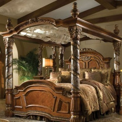 AICO Furniture - Villa Valencia King Poster Bed with Canopy in Chestnut - KINGPB - Canopy Beds