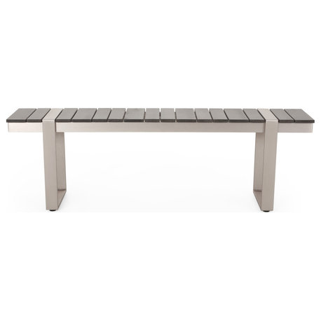 Mora Outdoor Faux Wood and Aluminum Dining Bench, Gray/Silver, Single