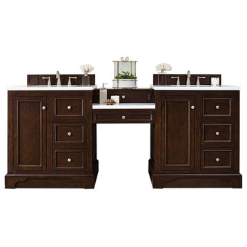 82" Vanity, Burnished Mahogany W/ Makeup Table, Arctic Fall Solid Surface Top