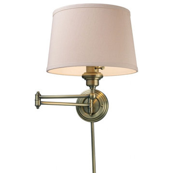 1-Light Swingarm Wall Lamp In Antique Brass Off-White Shade Made Of