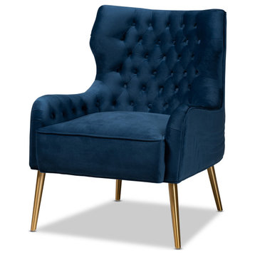 Nelson Navy Blue Velvet Upholstered and Gold Finished Metal Armchair