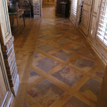 Solid 5" Rift & Quartered White Oak hand scraped with tile inlay