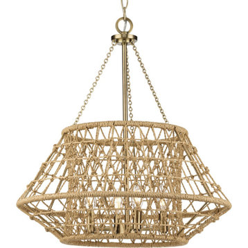 Laila Collection Four-Light Vintage Brass Coastal Chandelier With Jute Accents