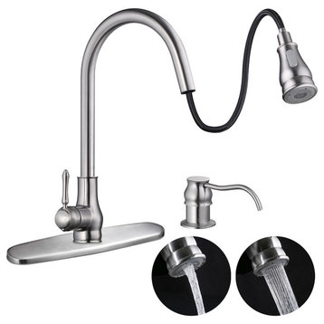 Aquaterior 18" Brushed Nickel Pull-Out Faucet Spray Swivel Spout Soap Dispenser