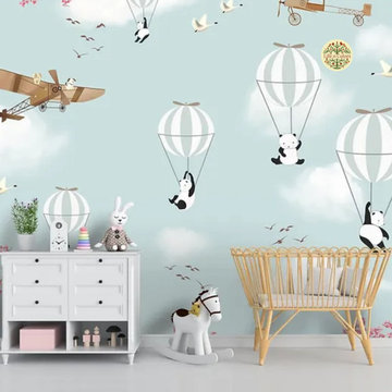 Flying Panda and Hot Air Balloons Kids Rooms Wallpaper