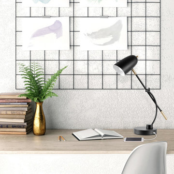 Moretti 23" Desk Lamp, Matte Black Finish, Brass Accents, Fast Charging USB Port