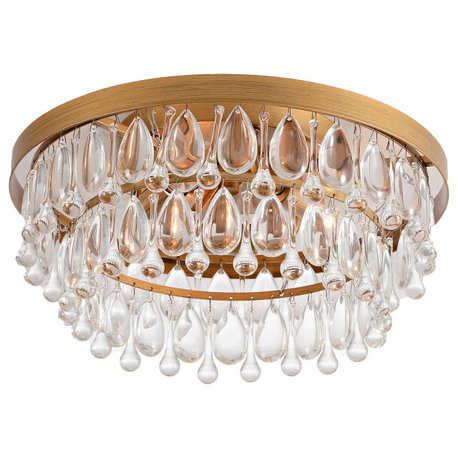 Bonnie Flush Mount With Crystal Glass Teardrops, Brushed Brass