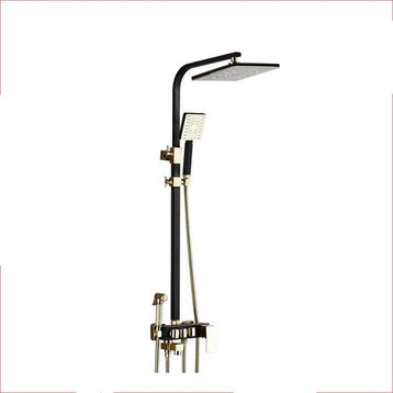 Black/Gold Brass Rainfall Bathroom Shower Set with Bidet Mixer Tap, Black-Gold