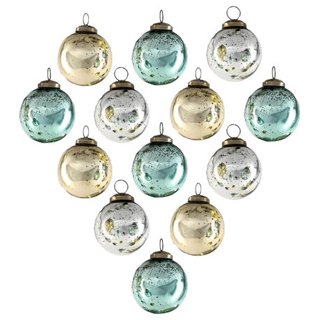 Set of 12 Vintage Style Glass Ball Ornaments for Xmas Tree, Gold, Blue & Silver