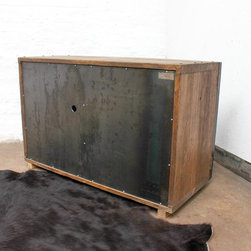 Louisa Reclaimed Scaffolding Board Media Unit with Slatted Wood and Steel Doors - Media Cabinets