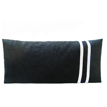 Velvet  Lumbar Pillow With Swarovski Crystals, Black, 22"x12"