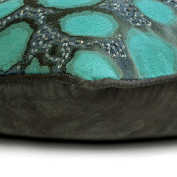 Teal Blue Jacquard 12"x20" Lumbar Pillow Cover Peacock, Hand Embroidery - Shyam